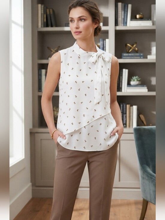 Vince Camuto Tops - Vince Camuto Ivory Printed Bow-Tie Sleeveless Blouse